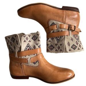 Latigo Tan Leather Ankle Boots with Geometric Fabric